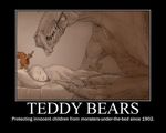  bed claws human monster motivational_poster pillow shield sleeping sword teddy_bear unknown_artist weapon young 