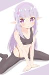  1girl arm_support bangs bare_arms bare_shoulders black_legwear bra breasts collarbone commentary crop_top elf elnowar_seylan endro! eyebrows_visible_through_hair flower hair_flower hair_ornament hairband highres leaning_forward long_hair looking_at_viewer pantyhose parted_lips pointy_ears purple_eyes purple_flower purple_hair purple_hairband small_breasts solo spread_legs training_bra trg-_(sain) underwear very_long_hair white_background 