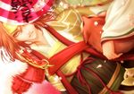  brown_eyes brown_hair cherry_blossoms fan flower folding_fan fox hat ishida_mitsunari_(sengoku_musou) japanese_clothes kino707 male_focus sengoku_musou sengoku_musou_3 solo 