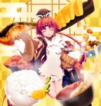  1girl akina_t apron benienma_(fate/grand_order) bowl eyes_closed fate/grand_order fate_(series) food highres low_ponytail meat miso_soup ohitsu omelet rice rice_bowl rice_spoon smile tamagoyaki vegetable wide_sleeves 