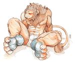  4_toes clothing feline fydbac hindpaw lion male mammal muscles nipples paws plain_background solo underwear white_background 