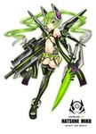  alternate_hair_color black_legwear dual_wielding gauntlets gia green_eyes green_hair gun hatsune_miku hatsune_miku_(append) highres holding long_hair looking_at_viewer mechanical_wings midriff navel open_mouth solo sword thighhighs twintails very_long_hair vocaloid vocaloid_append weapon wings 