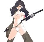  black_hair breasts brown_eyes collarbone copyright_request eyepatch fundoshi japanese_clothes katana kazaana lips long_hair navel simple_background small_breasts solo sword tattoo topless weapon 