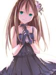  aqua_eyes asagi_(seal47) black_dress black_gloves black_gothic_dress_(idolmaster) brown_hair choker dress gloves hair_ornament idolmaster idolmaster_cinderella_girls long_hair microphone shibuya_rin smile solo 