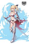  armor bikini_armor black_panties blonde_hair blue_eyes breasts cleavage detached_sleeves fangdan_runiu faulds gauntlets greaves hair_ornament hair_ribbon highres holding looking_at_viewer medium_breasts navel original panties pauldrons ribbon roman_empire solo sword twintails underwear weapon 