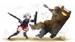  1girl 1other aegis_(girls_frontline) attack baton falling girls_frontline gun hakugin006 highres pushing_away robot sangvis_ferri shield shotgun silver_hair spas-12 spas-12_(girls_frontline) weapon 