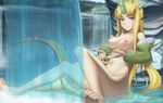  bad_id bad_pixiv_id barefoot blonde_hair blue_eyes blush breasts dragon_girl feet fingernails giantess long_fingernails long_hair medium_breasts monster_girl monster_hunter monster_hunter_3 nipples nude personification royal_ludroth shirajira sitting smile solo tail very_long_hair water waterfall 