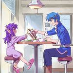  1girl age_difference blue_hair eusis_landale isedaichi_ken nei phantasy_star phantasy_star_ii pointy_ears pouring purple_hair slippers younger 