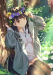  1girl arm_up bangs blue_flower blush breasts brown_eyes brown_hair brown_legwear closed_mouth commentary dress dutch_angle eyebrows_visible_through_hair flower flower_wreath grass green_jacket hand_up head_wreath highres jacket long_hair long_sleeves looking_at_viewer mobu_(wddtfy61) on_grass open_clothes open_jacket original purple_flower red_flower shaded_face sitting small_breasts smile solo symbol_commentary tree white_dress white_flower yellow_flower 