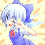  :d blue_eyes blue_hair cirno highres ice ice_wings one_eye_closed open_mouth smile solo star touhou v wakagi_repa wings 