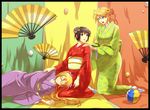  america_(hetalia) axis_powers_hetalia ball black_hair blonde_hair blue_eyes brown_eyes closed_eyes earrings fan folding_fan genderswap genderswap_(mtf) glasses hair_ornament japan_(hetalia) japanese_clothes jewelry kimono lap_pillow milcho multiple_girls temari_ball twintails united_kingdom_(hetalia) yagasuri 