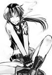  black_lagoon boots cigarette cross-laced_footwear fingerless_gloves gloves greyscale grin indian_style mito_(calcomer) monochrome ponytail revy_(black_lagoon) short_shorts shorts sitting smile smoking solo tattoo 