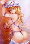  absurdres arm_ribbon ass bdsm blonde_hair bondage bound breasts hat highres large_breasts light_smile long_hair looking_at_viewer non-web_source nude pico_(picollector79) purple_eyes purple_ribbon pussy_juice ribbon ribbon_bondage scan shibari sideboob smile solo touhou yakumo_yukari 