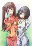  akazawa_izumi another ayanami_rei ayanami_rei_(cosplay) black_hair blush bodysuit brown_hair cosplay covering edih embarrassed evangelion:_2.0_you_can_(not)_advance eyepatch hair_ribbon hand_on_own_chest long_hair misaki_mei multicolored multicolored_bodysuit multicolored_clothes multiple_girls navel neon_genesis_evangelion orange_bodysuit pilot_suit plugsuit rebuild_of_evangelion red_bodysuit red_ribbon ribbon shikinami_asuka_langley shikinami_asuka_langley_(cosplay) short_hair souryuu_asuka_langley souryuu_asuka_langley_(cosplay) test_plugsuit twintails v_arms white_bodysuit 