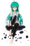  ahoge alternate_hairstyle anklet aqua_eyes aqua_hair bad_id bad_pixiv_id bare_shoulders barefoot bridal_gauntlets elbow_gloves gloves hair_down hatsune_miku hatsune_miku_(append) highres jewelry long_hair looking_at_viewer open_mouth sgtxiaoxin sitting solo thighhighs toeless_legwear vocaloid vocaloid_append 