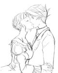  1girl aokiri_(dolce) bad_id bad_pixiv_id beatrice breasts couple greyscale hetero kiss large_breasts monochrome short_hair sketch smile umineko_no_naku_koro_ni ushiromiya_battler 