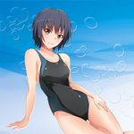  amagami arm_support black_hair brown_eyes competition_swimsuit kishida-shiki looking_at_viewer nanasaki_ai one-piece_swimsuit short_hair smile solo swimsuit thigh_gap 
