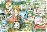  :d aki_minoriko aki_shizuha antennae blonde_hair blue_eyes blue_hair bow carrying cirno dirt dress farm food frog_hair_ornament fruit gloves grapes green_eyes green_hair ground_vehicle hair_bow hair_ornament hair_tubes hand_to_own_mouth hat hill kazami_yuuka kochiya_sanae leaf leaf_on_head long_hair master_(4th) motor_vehicle multiple_girls open_mouth picnic_basket red_eyes sack shirt short_hair skirt sleeveless sleeveless_shirt smile snake touhou tractor truck vest wriggle_nightbug yellow_eyes 