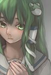  alternate_costume bad_id bad_pixiv_id close-up collarbone dark eyelashes fingernails frog_hair_ornament green green_eyes green_hair grey_background hair_between_eyes hair_ornament hair_tubes hands_on_own_chest hands_together kochiya_sanae lipgloss lips long_hair looking_at_viewer nose own_hands_together portrait sad school_uniform serafuku simple_background snake solo touhou xiao_qiang_(overseas) 