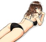  ass blue_eyes bra brown_hair kawazu lingerie looking_back lying on_stomach original panties solo underwear underwear_only white_background 