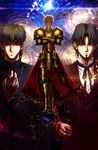  armor blonde_hair blue_eyes brown_eyes brown_hair cape command_spell cup drinking_glass earrings facial_hair fate/zero fate_(series) gate_of_babylon gilgamesh goatee highres jewelry kotomine_kirei lain lamppost male_focus multiple_boys red_eyes toosaka_tokiomi wine_glass 