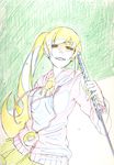  blonde_hair breasts cleavage color_trace doughnut echigo_mitsutaka food highres hood hoodie jacket katana kiss-shot_acerola-orion_heart-under-blade long_hair medium_breasts monogatari_(series) older oshino_shinobu production_art side_ponytail solo sword teenage weapon yellow_eyes zipper 