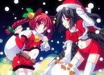  animal_ears bell black_wings bow braid cat_ears christmas detached_sleeves fang fuji_tooya hair_bow hat kaenbyou_rin long_hair midriff miniskirt multiple_girls navel radiation_symbol red_eyes red_hair reiuji_utsuho sack santa_costume skirt slit_pupils snow symbol-shaped_pupils thighhighs third_eye touhou twin_braids white_legwear wings zettai_ryouiki 