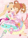  2girls :d blonde_hair bow bracelet breasts brown_eyes brown_hair cake candy closed_eyes doughnut dress elbow_gloves food food_themed_clothes frills futaba_anzu garters gloves hair_bow hair_ornament hairclip hat idolmaster idolmaster_cinderella_girls jewelry long_hair moroboshi_kirari multicolored multicolored_clothes multicolored_legwear multicolored_stripes multiple_girls necklace one_eye_closed open_mouth small_breasts smile sparkle star star_hair_ornament striped striped_legwear stuffed_animal stuffed_bunny stuffed_toy sweets twintails 