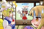  :3 blood check_commentary chen commentary commentary_request hat ibuki_suika morioka_itari multiple_girls nosebleed open_mouth paper_hat paper_kabuto smile sweatdrop touhou yakumo_ran 