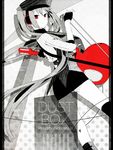  boots buzz fingerless_gloves gloves guitar hatsune_miku headphones instrument long_hair microphone microphone_stand monochrome necktie pillarboxed red red_eyes skirt solo spot_color twintails very_long_hair vocaloid 