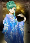  alternate_costume alternate_hairstyle fan folding_fan green_eyes green_hair hiki_furisode japanese_clothes kimono kochiya_sanae masatome solo touhou 