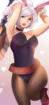  animal_ears armpits bad_id bad_pixiv_id battle_bunny_riven belt breasts bunny_ears bunnysuit choker cleavage cuffs fullluv high_heels highres large_breasts league_of_legends pantyhose riven_(league_of_legends) shoes short_hair simple_background solo star sword weapon white_hair 