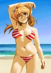  armpits beach bikini blonde_hair blue_eyes breasts day excellen_browning large_breasts navel ocean one_eye_closed outdoors ponytail shu-z sky smile solo striped striped_bikini super_robot_wars swimsuit water 