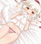  animal_ears bare_shoulders breath fang groin hat inubashiri_momiji lying maromi_gou navel on_back open_mouth panties paw_pose photo-referenced red_eyes short_hair silver_hair sleeveless solo striped striped_panties tail tail_wagging tokin_hat touhou underwear wolf_ears wolf_tail 