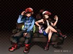  1girl adjusting_clothes adjusting_hat bare_shoulders baseball_cap blue_eyes brown_eyes brown_hair copyright_name couch crossed_legs dreamearth hat holding holding_poke_ball poke_ball pokemon pokemon_(game) pokemon_bw pokemon_bw2 ponytail sitting smug touko_(pokemon) touya_(pokemon) vest 