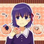  2boys :t ahoge berserker_(fate/zero) blood chibi child doughnut dress eating fate/zero fate_(series) food french_cruller hair_ribbon matou_kariya matou_sakura multiple_boys namesake purple_eyes purple_hair ribbon sakura_french sakura_french_angel sakura_french_honey sakura_french_sakuraan sbms2o1o short_hair wavy_mouth younger 