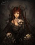  artist_name bare_shoulders copyright_request dansearl face long_hair one_eye_closed red_eyes red_hair skeleton skull upper_body 