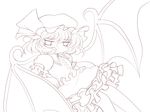  absurdres bat_wings dress grin hat highres lineart looking_at_viewer monochrome remilia_scarlet ribbon sitting smile solid_black_thumbnail solo touhou transparent_background wings yume_shokunin 