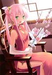  absurdres bare_shoulders cafe_sourire chair cherry_blossoms china_dress chinese_clothes double_bun dress elbow_gloves eretto flower gloves green_eyes highres indoors looking_at_viewer mizushima_serika pink pink_hair side_slit sitting smile solo twintails white_gloves 
