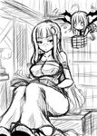  bespectacled book breasts chibi crescent crescent_hair_ornament glasses greyscale hair_ornament jema koakuma large_breasts long_hair looking_at_viewer monochrome multiple_girls no_hat no_headwear o_o patchouli_knowledge sitting touhou very_long_hair wings 