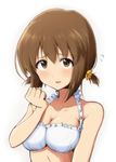  bare_shoulders bikini blush breasts brown_eyes brown_hair face hagiwara_yukiho highres idolmaster idolmaster_(classic) idolmaster_cinderella_girls medium_breasts rariemonn short_hair short_twintails solo swimsuit twintails upper_body white_background 
