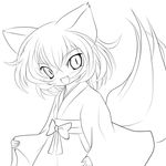  :3 absurdres alternate_costume animal_ears fangs greyscale hakama highres inubashiri_momiji japanese_clothes kimono lineart miko monochrome no_hat no_headwear open_mouth short_hair smile solid_black_thumbnail solo tail touhou transparent_background wolf_ears wolf_tail yume_shokunin 