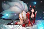  ahoge ahri animal_ears bare_shoulders bent_over black_hair breasts cleavage deneb_(noble324) fox_ears highres hitodama korean_clothes large_breasts league_of_legends long_hair multiple_tails petals tail thighs 