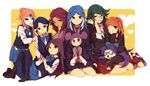  barazono_han blue_eyes blue_hair green_hair hair_ornament hasuike_an inazuma_eleven inazuma_eleven_(series) kii_fumiko kui_ruru kurakake_clara kurione_yuki long_hair multiple_girls nitou_honoka pantyhose purple_hair red_hair school_uniform short_hair skirt touchi_ai urubida yui_ko 