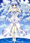  absurdres anklet bare_shoulders barefoot blue_eyes blue_hair blue_sky bracelet butterfly_hair_ornament cloud day dress exit_tunes fujima_takuya hair_ornament headphones highres jewelry microphone microphone_stand scan sky smile solo thigh_strap twintails water white_dress 
