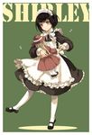  apron bad_id bad_pixiv_id black_hair bob_cut bow bowtie character_name dancing doll doll_hug frills full_body green_background grey_eyes headdress hug leg_lift light_smile maid maid_headdress mary_janes musical_note shiina_aya shirley_(manga) shirley_medison shoes short_hair simple_background solo standing standing_on_one_leg thighhighs victorian white_legwear 