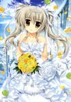  absurdres aquarian_age bare_shoulders bouquet breasts brown_eyes cleavage dress flower fujima_takuya gloves grey_hair hair_ribbon highres long_hair looking_at_viewer ribbon scan small_breasts smile solo star strapless strapless_dress tiara twintails veil wedding_dress white_dress white_gloves 