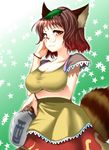  animal_ears breast_hold breasts brown_eyes brown_hair cleavage futatsuiwa_mamizou glasses hane_(hanegoya) holding large_breasts leaf pince-nez solo star tail touhou 