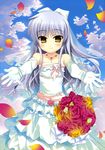  absurdres angel_beats! bare_shoulders blue_sky blush bouquet cloud day dress elbow_gloves flat_chest flower fujima_takuya gloves highres outstretched_arms petals scan silver_hair sky smile solo tenshi_(angel_beats!) veil wedding_dress white_dress white_gloves yellow_eyes 