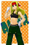  alex_(street_fighter) bare_shoulders blonde_hair blue_eyes capcom_fighting_jam clenched_hand crop_top frogcage genderswap genderswap_(mtf) gloves hand_on_hip headband long_hair midnight_bliss midriff navel overalls street_fighter street_fighter_iii_(series) tank_top 